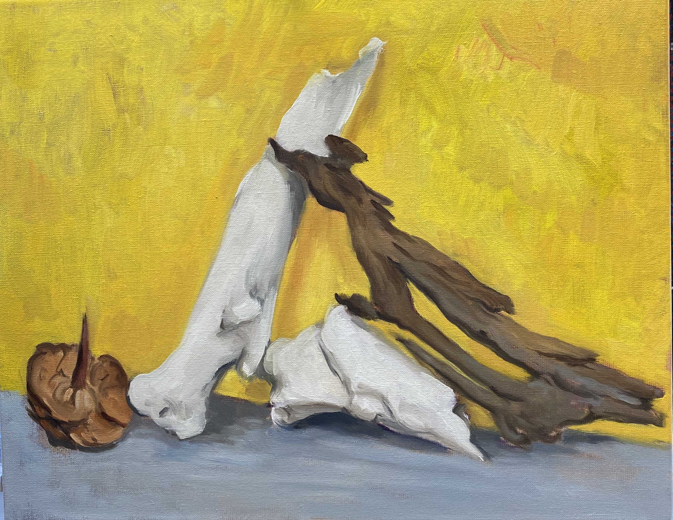 Bones and pinecones, oil on canvas