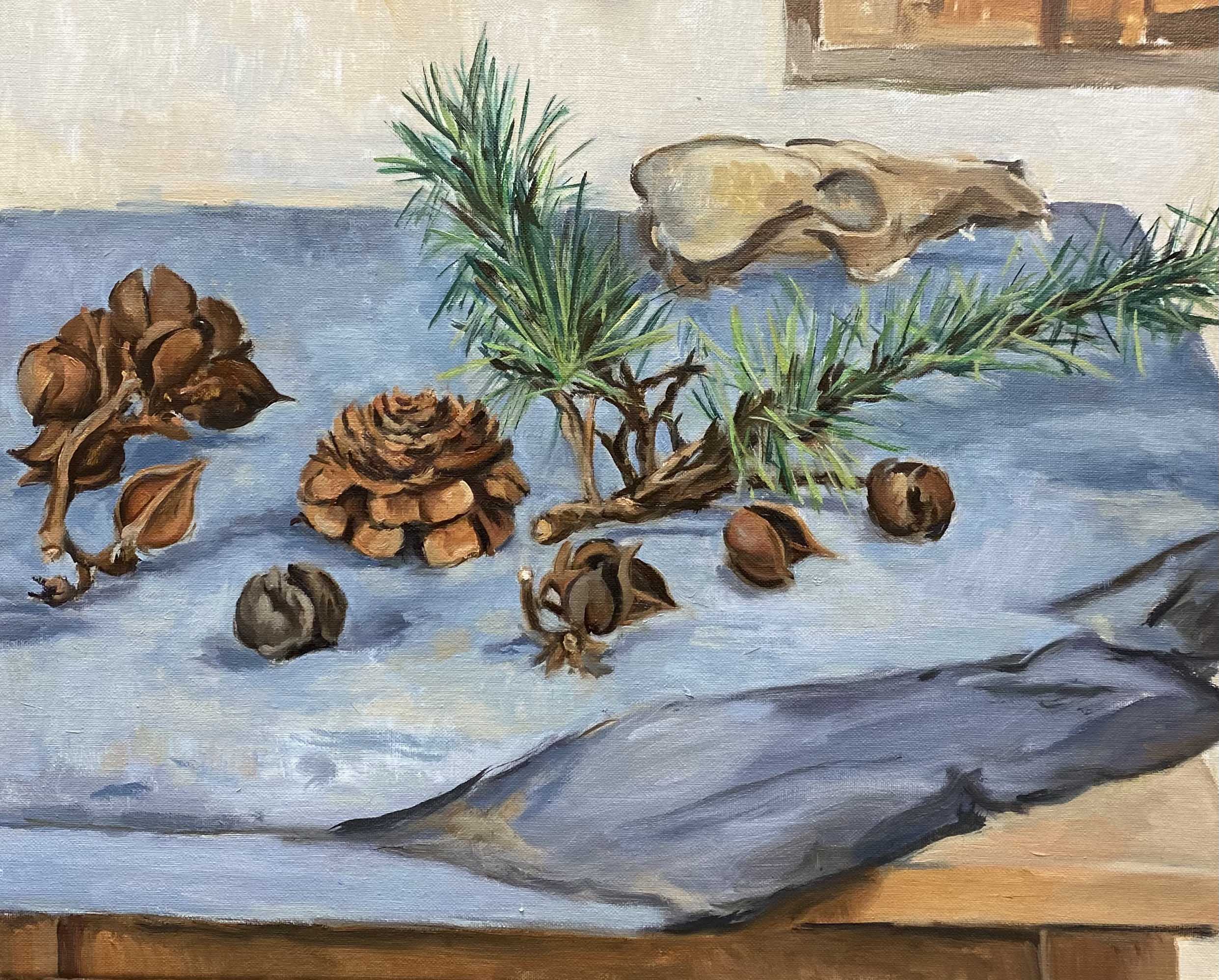 Pinecones and skull, oil on canvas