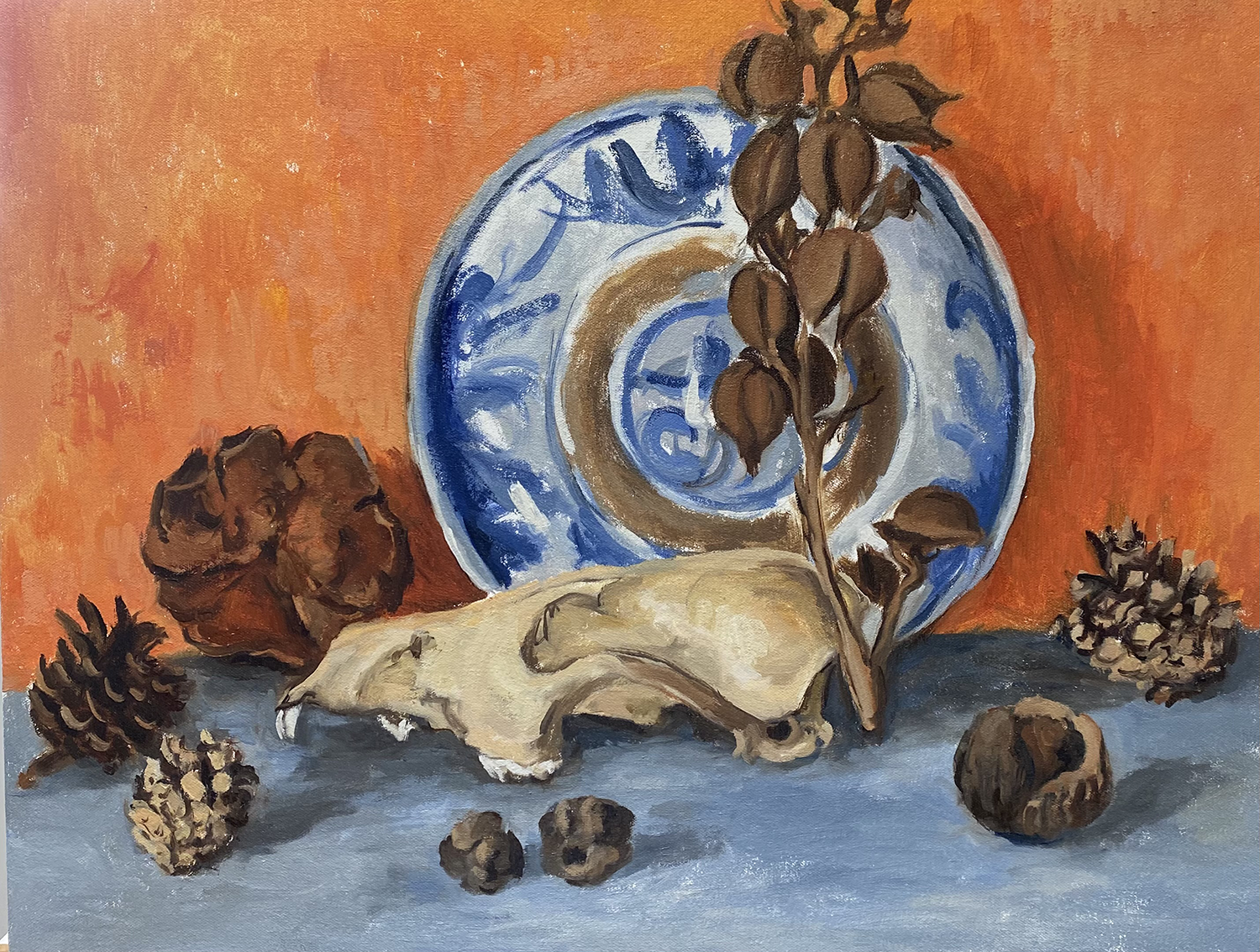 Still life with skull and seeds, oil on canvas