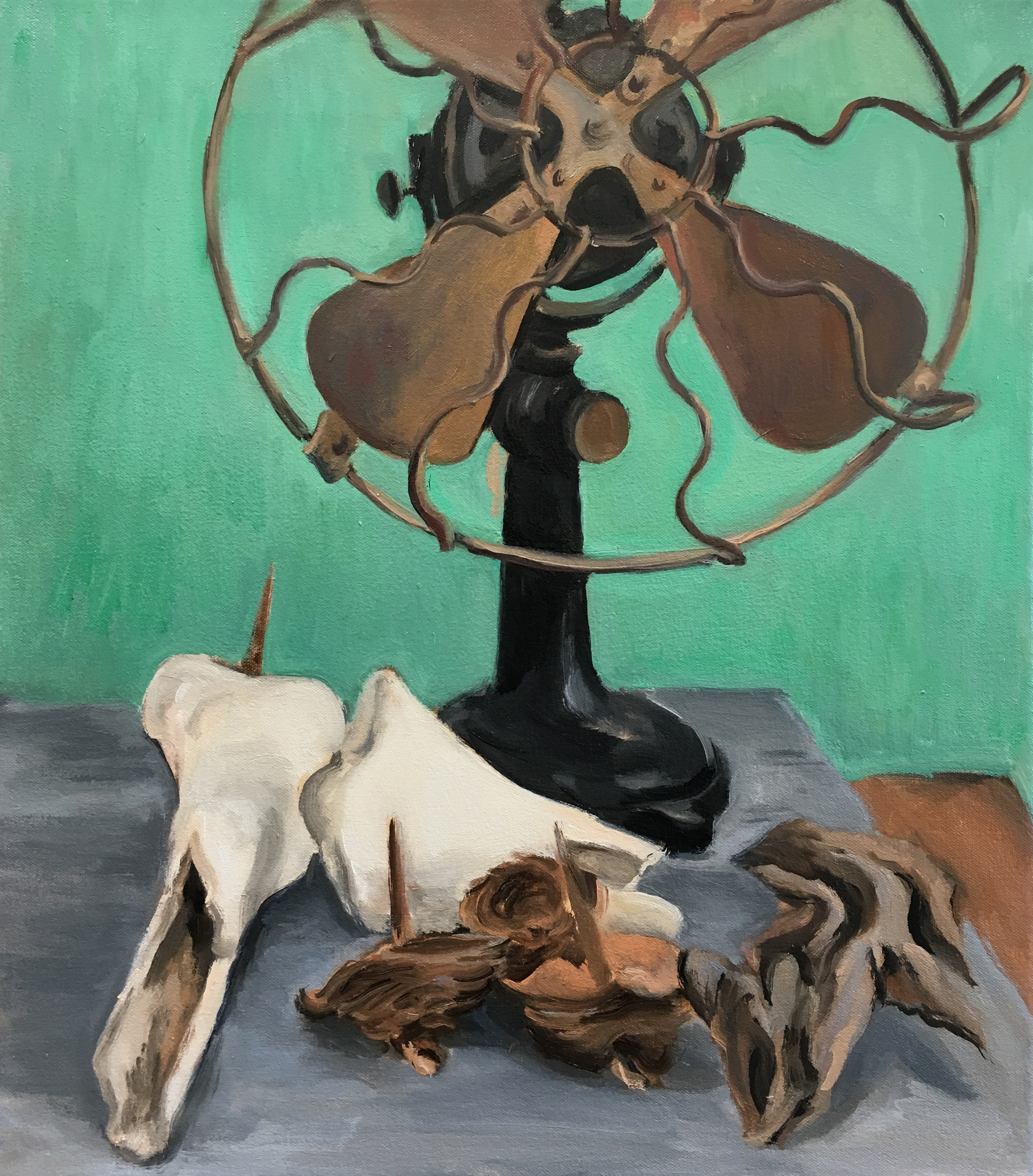 Pinecones and fan, oil on canvas