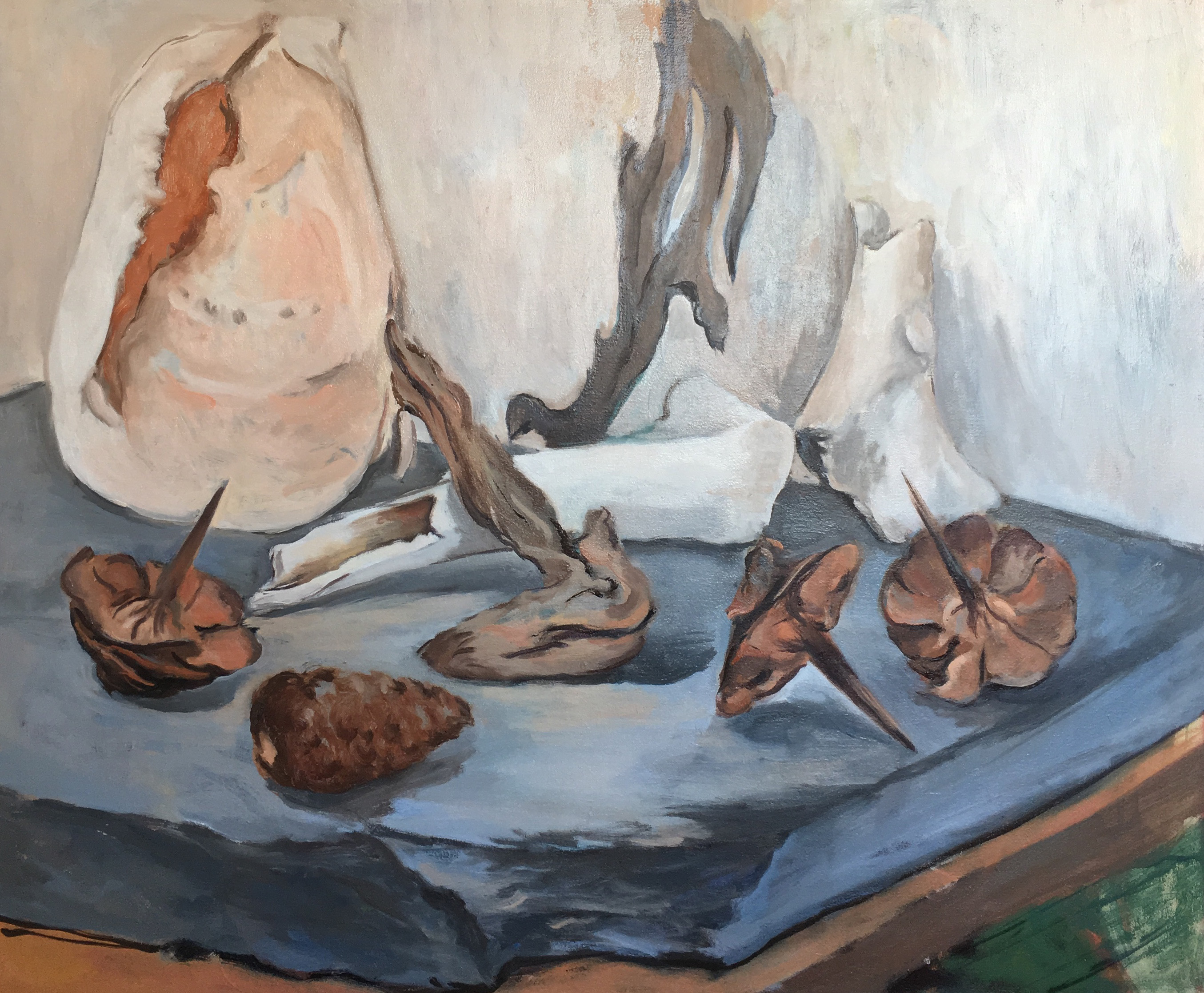 Pinecones and conch, oil on canvas