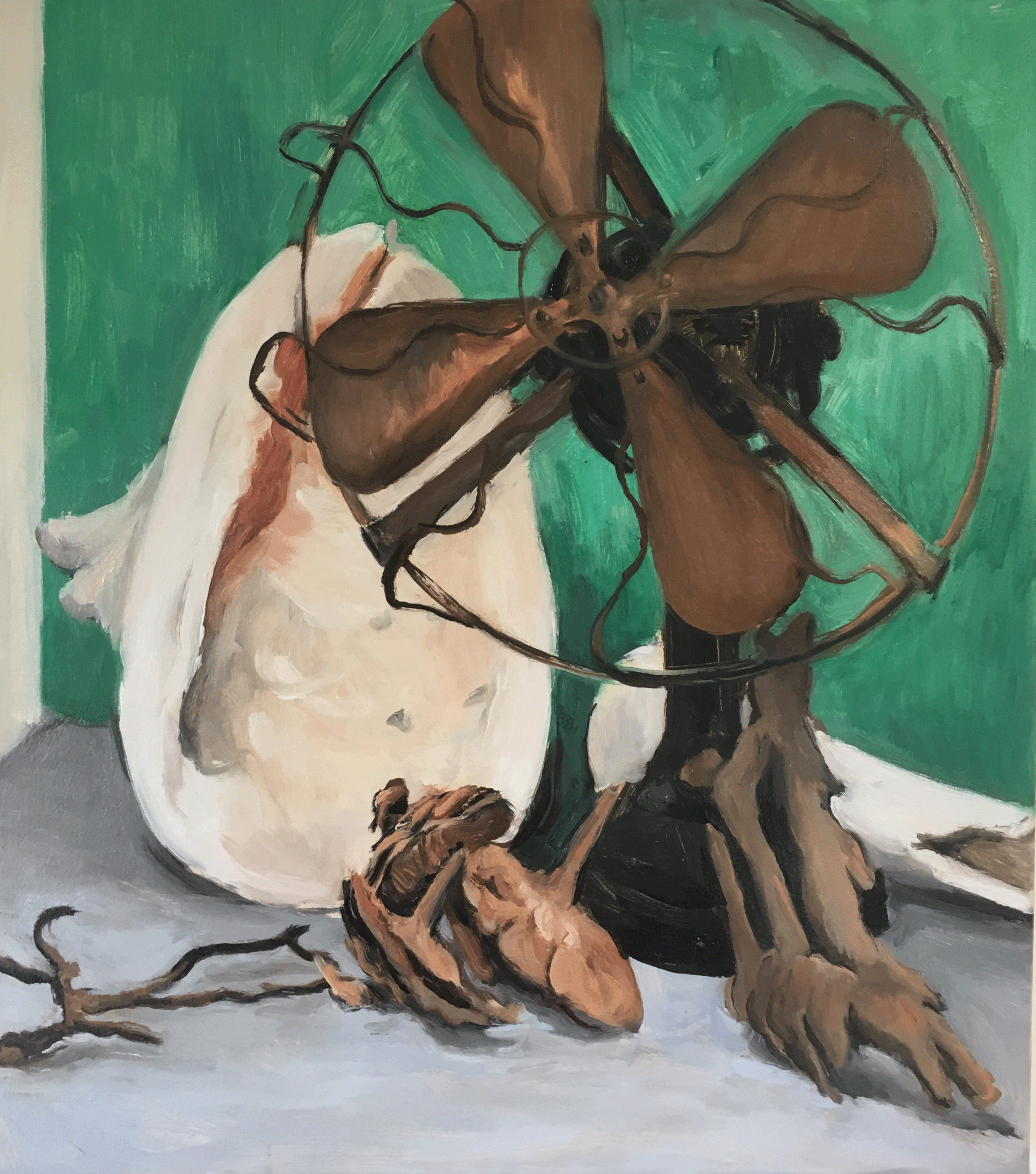Pinecones and fan, oil on canvas