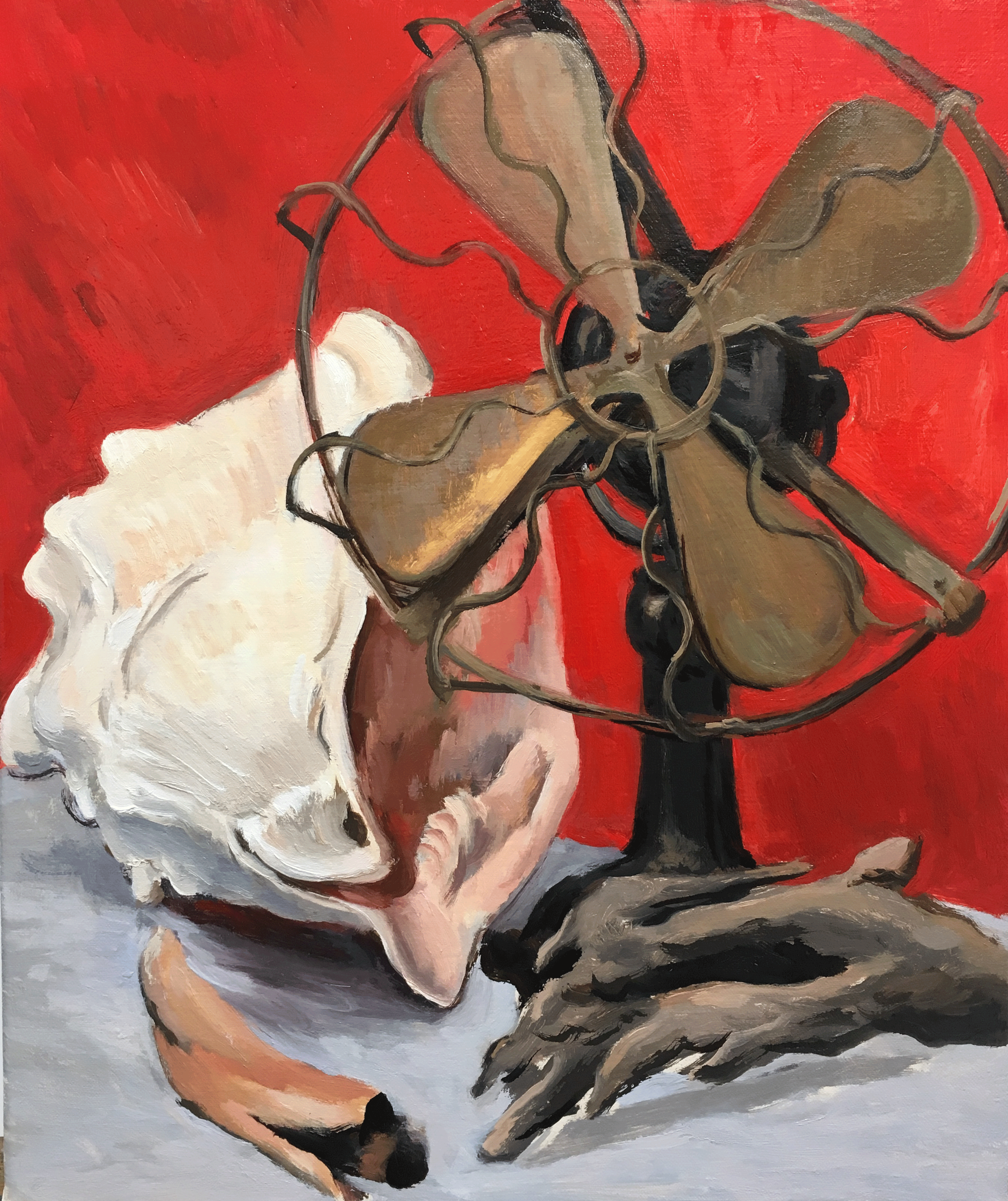 Pinecones and fan, oil on canvas