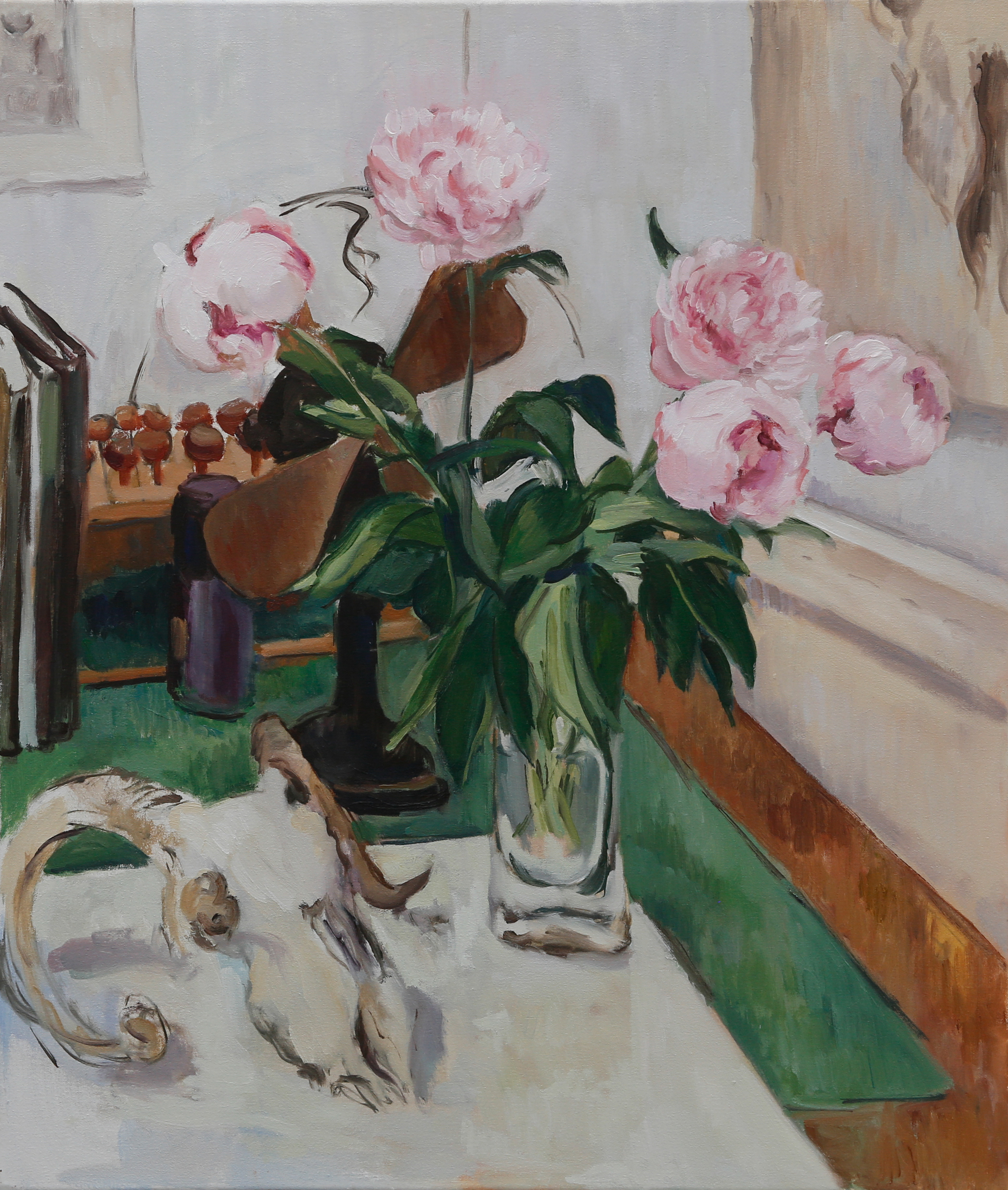 Peonies and sheep skull, oil on canvas